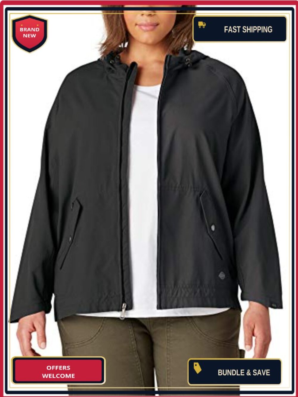 Plus Size Rain Jacket Water Repellent Nylon Full Zip Hooded